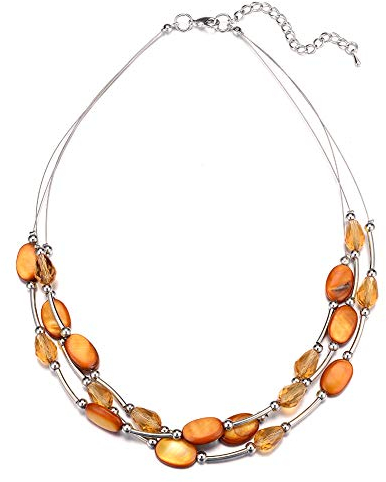 Bulinlin Damen Silber Perlenkette mit Kristall Statement Mehrreihige Boho Choker Halskette Modeschmuck Geburtstagsgeschenke für Frauen(13-Orange)