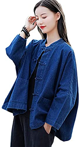 FPGXFDCA Veste en Jean Femme À Manches Longues Classique Boucle Chinoise Surdimensionnée Veste Décontractée Ample,One Size,Dark Blue Taille unique