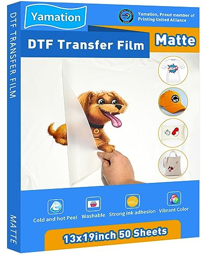 Yamation DTF Transferfolie: 33 x 48 cm, 50 Blatt, hochwertiges doppelseitiges mattes Finish, PET-Transferpapier direkt auf Film, Transferpapier für T-Shirts
