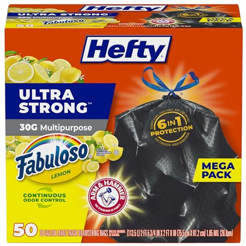 Hefty Ultra Strong Multipurpose Large Trash Bags, Black, Fabuloso Lemon Scent, 30 Gallon, 50ct