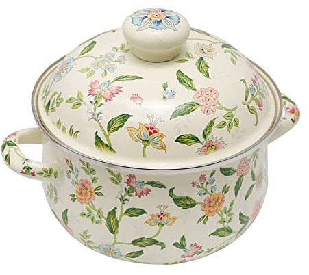 VIKKSAER 2.8 Qt Vintage Enamel Simmer Pot, Green Floral Enamel Stock Pot, Deep Vintage Cookware With Dural Handle for Stove Top, Ideal for 1-3 People