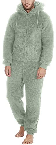 Beokeuioe Tutina Onesie con cappuccio, tuta da uomo, morbido pigiama in pile, pigiama in peluche termico, tuta intera, Verde menta, XXXXXL