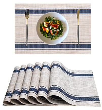 REDANDOR Tischsets, Kunststoff, Vinyl, waschbar, hitzebeständig, langlebig, PVC, rutschfest, gewebt, für Küche, Esstisch, Matten (6 Stück, Blau/Beige)
