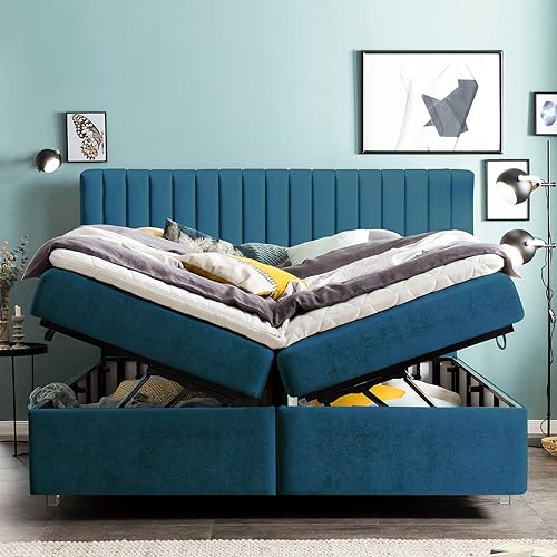 Boxspringbett mit XXL Bettkasten Paris 200x200 Samt, mit Topper, Acryl-Füße, Hotelbett, Polsterbett, 7 Zonen Taschenfederkern-Matratze, Aufbau KOSTENLOS (Petrol, 200x200 cm mit Topper)