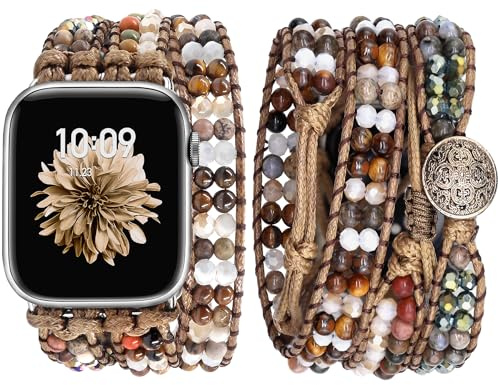 JR.DM Bracelet de montre bohème avec perles pour femme compatible avec Apple Watch 38 mm, 40 mm, 41 mm, 42 mm, 44 mm, 45 mm, 49 mm. Bracelet fantaisie réglable multicouche fait à la main en corde