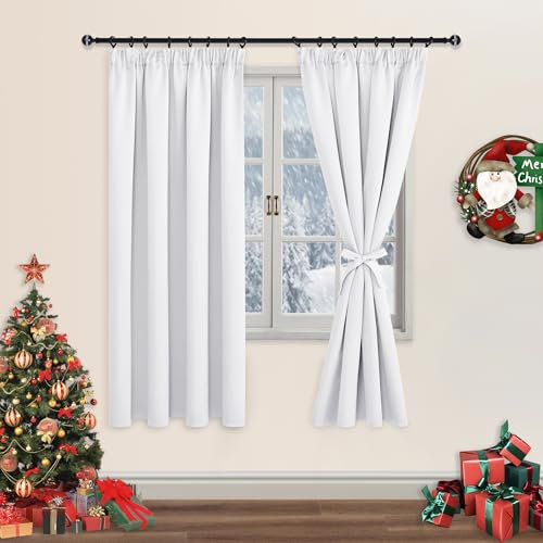 DWCN Schlafzimmer Gardinen Für Schienensystem, Verdunklungsvorhänge mit Vorhang-Krawatten, Kräuselband Gardinen Kurz Abdunkelnde Vorhänge Dunkel Vorhänge Küche, 137x117cm(HxB), Grau Weiß, 2er Set