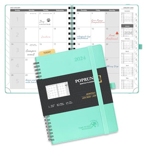 POPRUN Kalender 2024 2025 Monatsplaner 22 x 16,5 cm Auf Englisch - 18 Monate Monatskalender Ringbuch (Jan 2024 - Jun 2025) - 1 Monat 4 Seiten, 112 Seiten, 100 GSM Papier, PU-Leder - Mintgrün