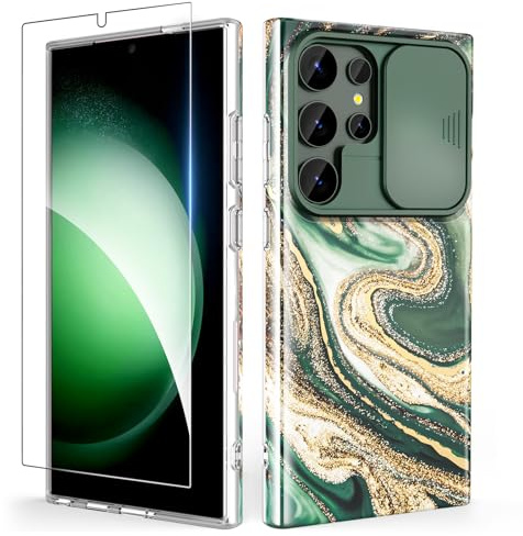 SHEDEER für Samsung S24 Ultra Hülle mit Schieberegler Kameraabdeckung + Displayschutz, Galaxy S24 Ultra Hülle Ultradünn Leicht, Glänzend Fade-Resistant Muster Handyhülle S24 Ultra, Grün