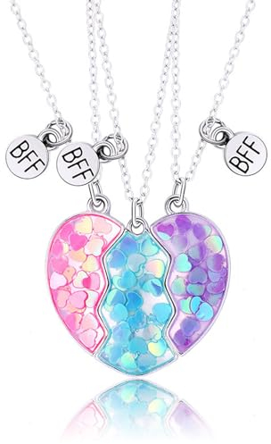 Cosysparks Freundschaftsketten für 3, 3 Pcs Beste Freunde Kette 3 Schwestern Halskette Bff Ketten für 3 Mädchen Kette Herz Anhänger Schmuck Geschenk für Mädchen (Rosa+Blau+Lila)
