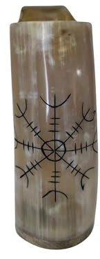 Viking By Heart Real Ox Horn 6-7'' Long, Vikings Drinking Smooth Horn Mug with Wooden Base, Engraved with Helm of AWE, 13+ OZ Capacity, Polished Finish Horn Mug Unique Beer Gifts for Men, Women