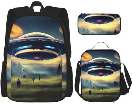 TRUKD Rucksack für Studenten, schöne Orchideentasche, 3-teiliges Set für Schule, Jungen, Mädchen, Federmäppchen, Lunchtasche, 3-in-1-Büchertaschen-Set, Ufo Landing, Einheitsgröße, Tagesrucksack