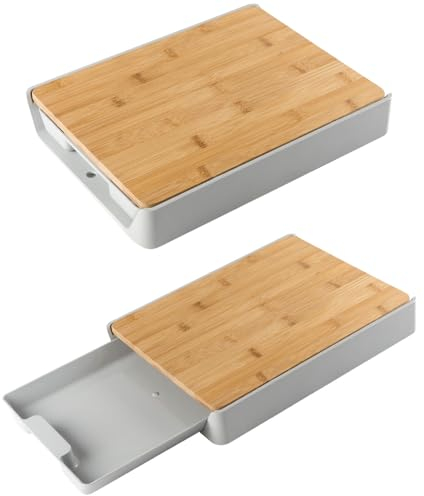 LIVHOME Bamboo Wooden Chopping Board with Plastic Pull Out Tray and Hanging Hook - 32.5 x 24.5 x 4.5cm - Cutting Slicing Board for Food Prep, Meat, Vegetables & Bread
