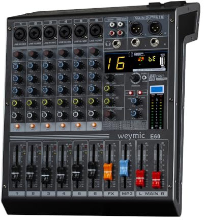 Weymic E-Series Professional Mixer for Recording DJ Stage Karaoke Music Application w/USB Drive for Computer Recording Input, XLR Microphone Jack, 48V Power for Professional (6-Channel)