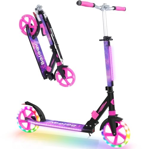 BELEEV V8 Big Wheel Scooter mit LED Leuchtenden Lenksäule &Deck, Höhenverstellbar, ABEC-9, 200mm Räder, Federung &Tragegurt, Faltbare Cityroller Kinder ab 6 Jahre, Jugendliche & Erwachsene, Tretroller