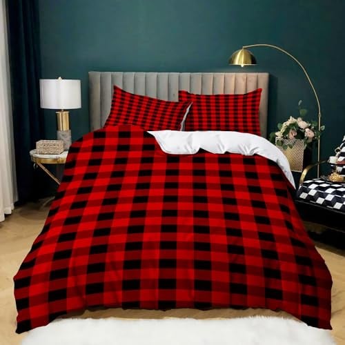 Srigzcaly Schottischer Tartan KinderBettwäsche 135x200 cm, 3teilig Mikrofaser Bettwäsche-Set, Weiche Atmungsaktiv Wendebettwäsche - Schwarz Rot Bettbezug mit Reißverschluss und Kissenbezug