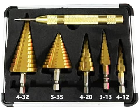 Genossen Broca Escalonada, 5pcs Brocas Cónicas HSS Titanio,(4-12mm, 3-13mm, 4-20mm, 4-32mm, 5-35mm)+1 perforadora central automática, acero de alta velocidad, revestimiento de titanio, para DIY madera