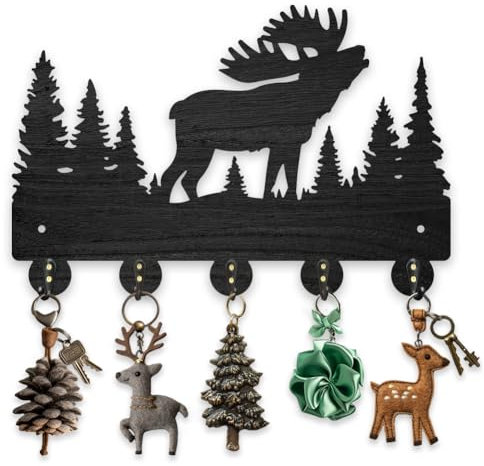 MAYJOYDIY Holz Elch Schlüsselhaken Wandmontage Waldtier Baummotiv Schlüsselhänger 30×20cm Schwarzer Schlüsselhalter mit 5 Haken Aus Legierung Für Eingangsbereich Küche Badezimmer Organizer