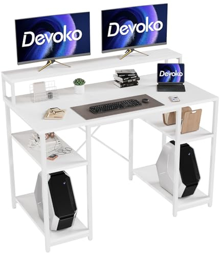 Devoko 120x50 CM Computer Desk with Monitor Shelf Home Office Desk with Open Storage Shelves Writing Gaming Study Table Workstation for Small Space (White)