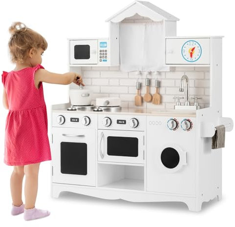 HOMASIS Kinderküche mit Spielzubehör, Kinder Spielküche Holz, Spielzeugküche mit Spüle Herd Backofen Mikrowelle Waschmaschine, Holzküche mit Kochgeschirr, Küchenset für Kinder ab 3 Jahre, 78x29x93cm