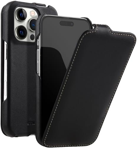 STILGUT UltraSlim passend für iPhone 16 Pro Hülle - iPhone 16 Pro Flip Case kompatibel mit MagSafe aus Leder, Klapphülle, Handyhülle, Lederhülle - Schwarz Nappa