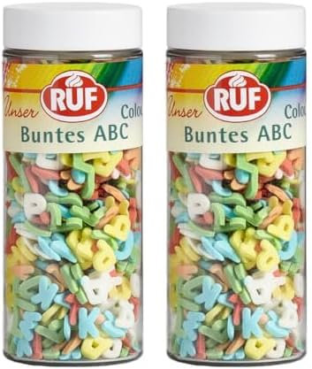 RUF ABC Streusel, Buchstaben Streusel essbar, ABC für Kuchen, Cup Cakes und Plätzchen, essbare Tortendeko (Packung mit 2)