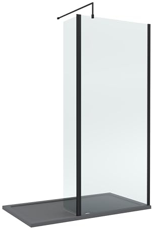 Modern 8mm Glass Walk in Enclosure Wetroom Screen and Hinged Return Screen with Matt Black Profile and Grey Shower Tray - 1400 x 900mm