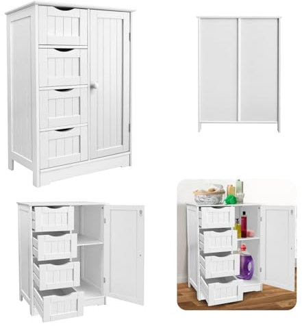 Bathroom Floor Storage Cabinet With 4 Drawers & 1 Door, Waterproof Freestanding Cupboard for Bedroom, Living Room, Kitchen, Hallway