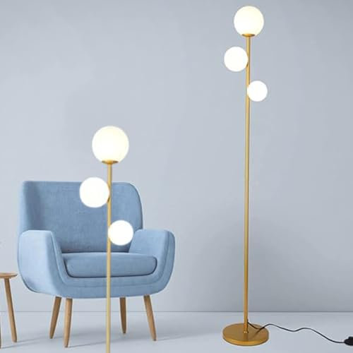 Lampadaire nordique à 3 globes, décoration moderne du milieu du siècle avec abat-jour boule en verre dépoli pour salon, chambre à coucher, bureau – Grand poteau sur pied
