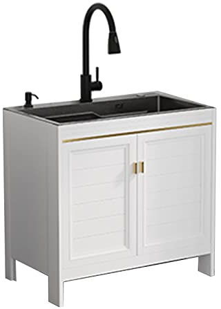 Lavandino con mobiletto in acciaio inox nero autoportante per lavanderia, cucina, garage, cantina, negozio 7B