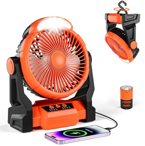Dreamhigh® 15000mAh Camping Ventilador con Lámpara LED, Ventilador Recargable Portátil, 3 Velocidades, Rotación de 270°, Ventilador USB para Playa, Senderismo & Aire Libre