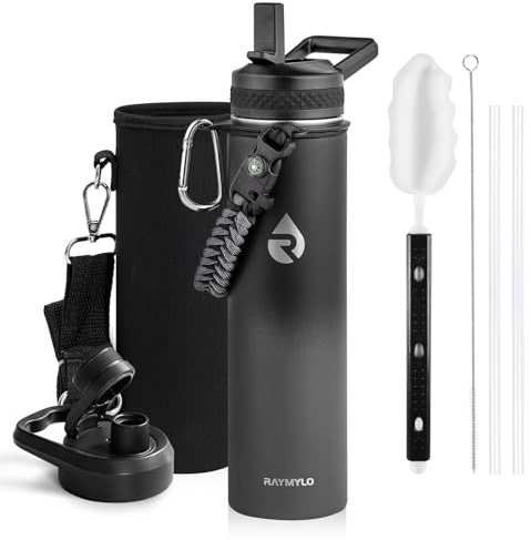 RAYMYLO 710ml Insulated Water Bottle, Triple Wall Vacuum Stainless Steel | Cold for 24 Hrs, Hot for 12 Hrs,Leak Proof Metal Water Flask Jug with Straw & Spout Lids for Sports and Travel, BPA-Free