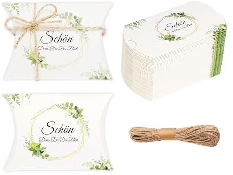 Luxoraiova 50 Stück Schön Dass Du Da Bist Gastgeschenke, Geschenkboxen Kissenschachtel mit Eukalyptus Design, Gastgeschenk Box für Hochzeit, Taufe, Kommunion, Pralinen, Süßigkeiten, Kekse