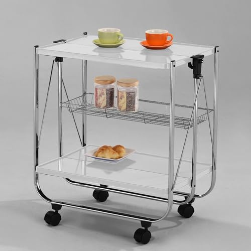 Möbel Akut Servierwagen Butler Ablagen Metall weiß, verchromter Rahmen faltbar durch Klappmechanismus Maße ca: B 68 x H 70 x T 40 cm