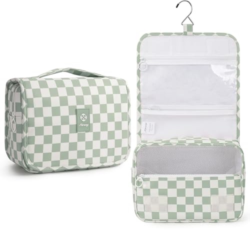 Narwey Kulturbeutel zum Aufhängen Damen, Kulturtasche Waschtasche Damen, Kosmetiktasche Mädchen, Reise Essentials Accessoires Travel Bag Geschenke für Frauen (Mintgrünes Kariert)