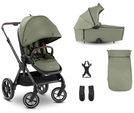 hauck 2in1 Babwagen & Buggy mit Gummireifen, Comfort N Care SET Olive | Geburt bis 22 kg/4 Jahre, Babywanne mit Memory-Knöpfe, Wendesitz mit Beindecke & Liegefunktion, inklusive Babyschalenadapter