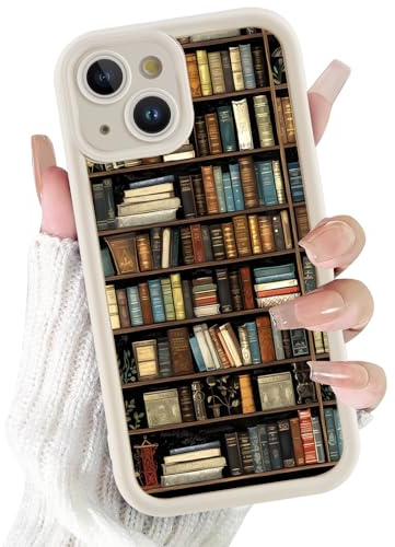 Saqmkil Handyhülle für iPhone 15 Hülle, Collage Bunt Bücher Niedlich Muster Aesthetic Mädchen Frauen Case, Weich Silikon Dünn TPU Bumper Stoßfeste Schutzhülle Cover für iPhone 15 6,1, Beige