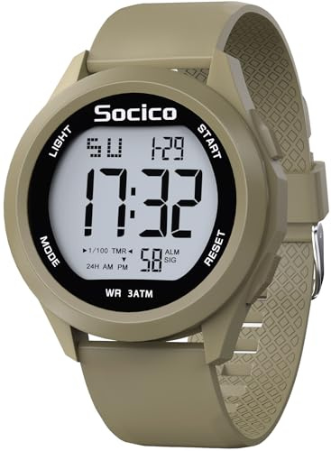 SOCICO Herren Digitaluhr Sport Wasserdicht Outdoor Großes Gesicht Militär Uhren mit Stoppuhr Hintergrund Beleuchtung Alarm Datum Anzeige (Khaki)