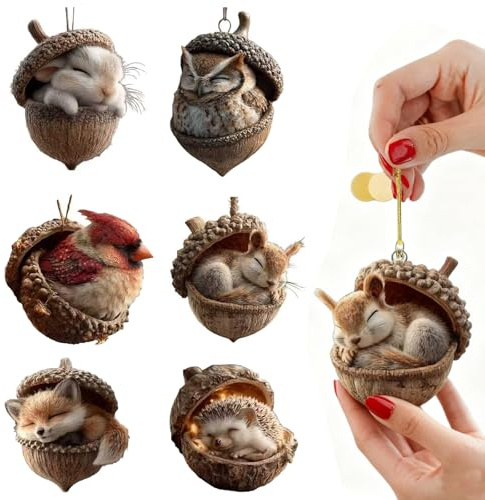 eichelträume,6pcs Tiere Weihnachtsbaum Anhänger,Waldtier Eichels Ornamente,Tier Weihnachtsschmuck,2D Acryl Tier Eichel Anhänger Dekoration,Flach Hängend Natur Tiere Tierfiguren -A