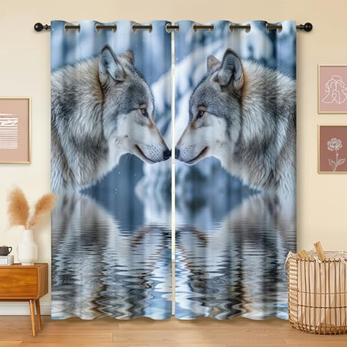 Havenix Wolf Motiv Vorhänge Blickdicht Gardinen mit ösen 3D Fotodruck Vorhang 175 cm Lang Verdunklungsvorhänge für Schlafzimmer Wohnzimmer Fenster Thermovorhang Kälteschutz 2er Set