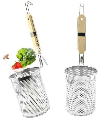 2 Stück Nudelkorb Edelstahl Nudelsieb aus Mikroperforiertem mit Holzgriff Pasta-Korb Durchmesser 12 cm Küchensieb Rund für Abtropfen Waschen Dämpfen Frittieren Kochen