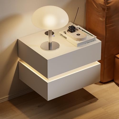 Homary Schwebender Nachttisch mit 2 Schubladen, Lumio Nachttisch wandmontage mit LED-Beleuchtung und Ladestation, ideal als nachttisch hängend im Schlafzimmer in Weiß