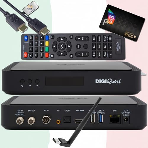DigiQuest Q99 4K UHD ricevitore satellitare con scheda TiVuSat Nero + WiFi Stick - Italia TV Rai Mediaset LA7, DVB-S2/T2, HEVC HDR, PVR Ready, LAN, USB, ricevitore certificato + cavo HTS e-com HDMI