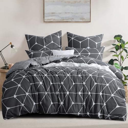 RUIKASI Bettwäsche 220x240 Baumwolle 3 teilig Anthrazit - Baumwollbettwäsche 220 x 240 mit Geometrie Muster, Bettbezug Set 240x220 Cotton mit Reißverschluss