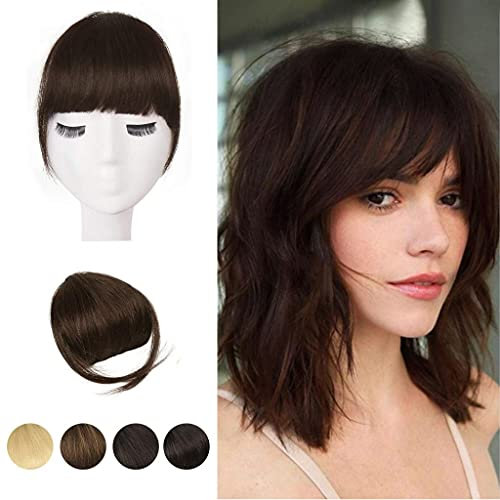 BARSDAR Echthaar Clip in Bangs, 100% Echtes Echthaar Clip in Pony für Frauen - Braun Dicker Pony Extensions Fringe mit Schläfen Echthaar Pony Haarteile - Dunkel Auburn Braun