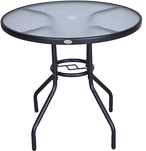 Outsunny Gartentisch Garten Beistelltisch Gartenmöbel Balkontisch Bistrotisch mit Schirmloch Hartglas + Metall Schwarz Ø80 x 72 cm