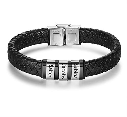 kaululu Herren Personalisierte Schwarze Lederarmbänder mit 3 Beads Familie Paar Namen mit Gravur Herren Armbänder für Männer Frauen BFF Personalisie Armketterte(Silver)