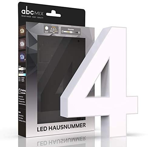 abcMIX LED Hausnummer, personalisierbare beleuchtete Hausnummer, Hausnummernleuchte mit LED - Hausnummer 4, Farbe WEIß, Lichtfarbeneinstellung, Dimmbarkeit
