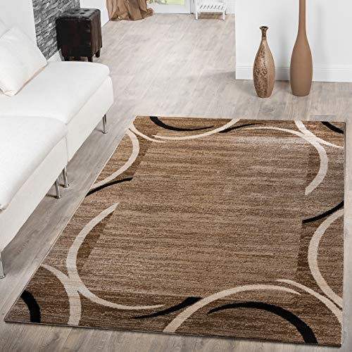 TT Home Wohnzimmer Teppich Kurzflor Modern Meliert Gewelltes Design Mit Umrandung, Farbe: Beige Schwarz Creme, Größe:240x340 cm