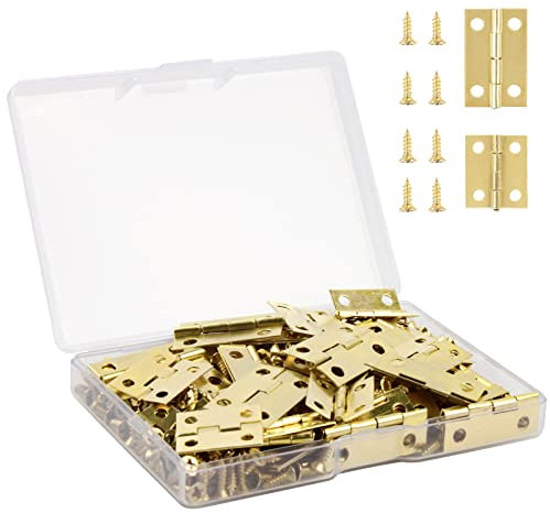 VIPMOON 70 Pièces Petites Charnieres Modelisme, Mini Charnières Miniatures Laiton Charniere Plate Inox Durable et Robuste pour Boîte Coffre à Bijoux Cabinet DIY Accessoires (Or, 24 x 16mm + 18 x 15mm)