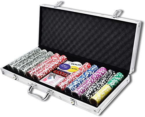 SAILUN Silver Professional Card Games Accessories Pokersets With Aluminum Poker Case incl. 500x Laser Poker Chips 2X Poker Decks 5X Dice 2X Keys 3X Dealer Button
